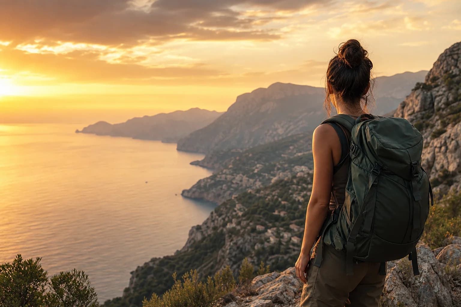 Traveler looking out over a mountain coastline at sunset